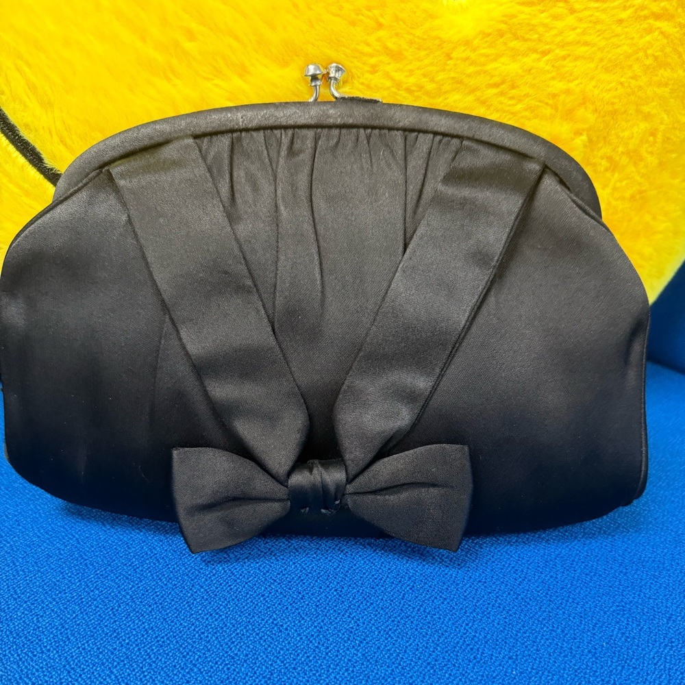 Morris Moskowitz MM Black Satin Clutch with Bow & Rhinestone Kiss Lock- Vintage